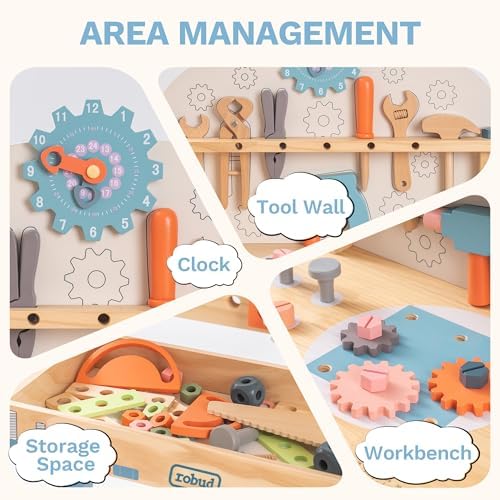 ROBUD Wooden Play Tool Workbench Set for Kids, Construction Toy Bench - Image 7