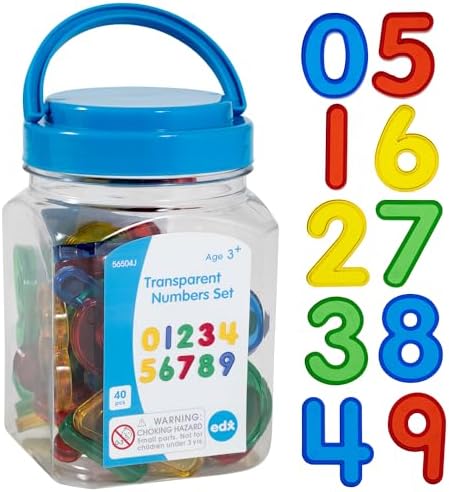 edxeducation Transparent Numbers Set - Mini Jar Set of 40 - Colorful, Plastic Numbers - Light Box Accessory - Sensory Play - Math Manipulative for Kids by EdxEducation
