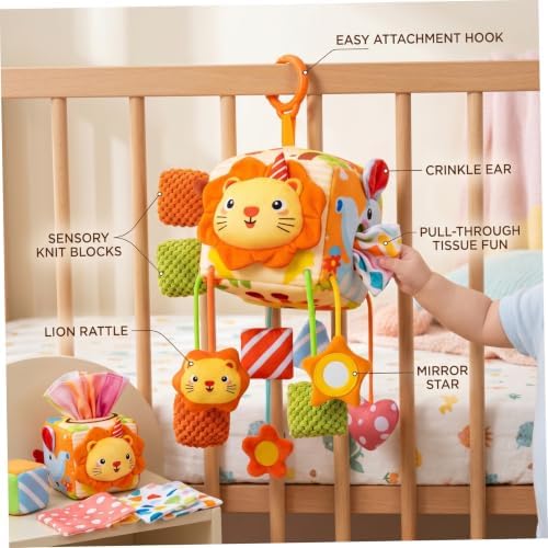 Baby Tissue Box Toy, Montessori Car Seat Toys for Babies - Detachable Hanging Pram Toy with Sensory Attachments, Orange - Image 3