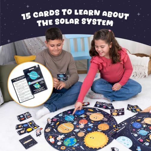 BONNYCO Giant Floor Puzzles for Kids Solar System with 70 Large Pieces. Round Space Puzzle with Planets, 23 x 23 in, 15 Cards, 4 3D Figures, Guide. Learning Gifts, Toys for 4 Year Old Boys - Image 3