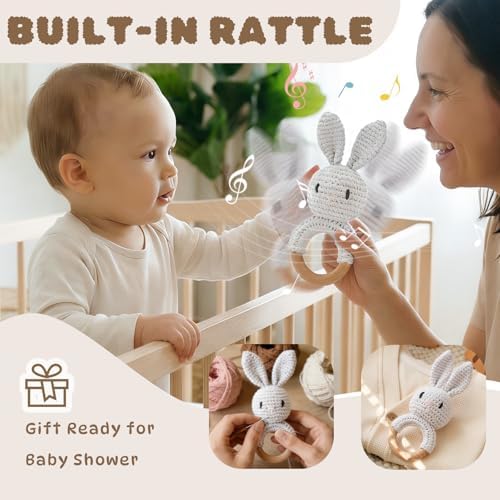 Moyii Natural Wooden Baby Rattle - Organic Crochet Bunny Teether Ring - Montessori Sensory Grasping Toy for Infants 0-12 Months, BPA-Free Handmade Newborn Shower Gift - Image 4