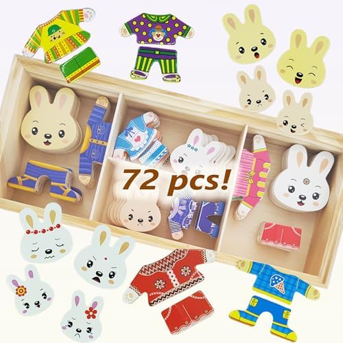 Wooden Bunny Family Dress-up Puzzle Box for Toddlers(72pcs),Change Clothes Puzzle Games, Preschool Learning Activities Toys for Kids Ages 3+ - Image 6