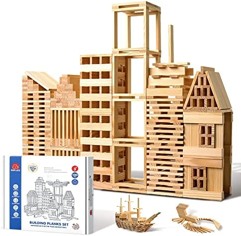 100pcs Classic Wooden Building Blocks Set,Solid STEM Building Toys for Kids, Preschool Learning Montessori Toys for Toddlers, Boys & Girls Birthday Gift (Log Color) by ICEKO