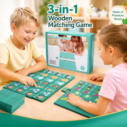 Wooden Dominoes Memory Matching Game for Toddlers 3-6, 57 Pcs Fruit Animal - Image 2