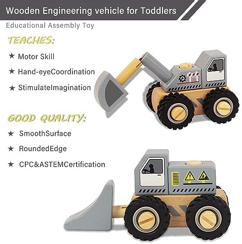 Construction Vehicles for Toddlers, 2 Pcs Wooden Detachable Assemble Bulldozer and Excavator, Kids Vehicle Toys Hand Push Car Toys for 3 Years Old Boys Girls - Image 5