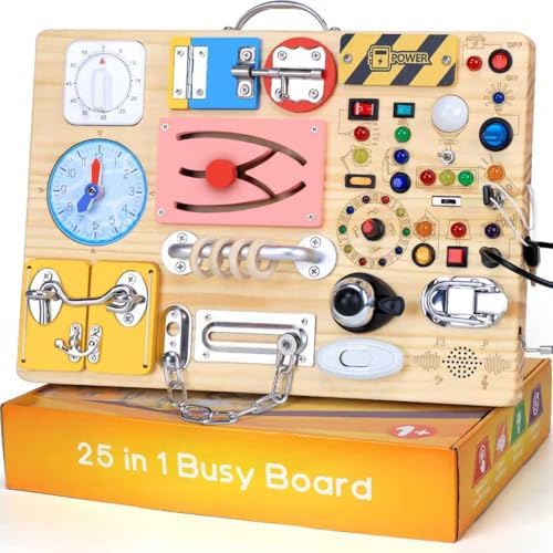 25 in 1 Busy Board with 13 LED Light Switches and 12 Activity, Montessori Toys for 1 2 3 Years Old, Wooden Sensory Board, Toddlers Travel Toys for 1+ Year Old Boy & Girl Birthday Gift（Extra-Large） by iHarPro