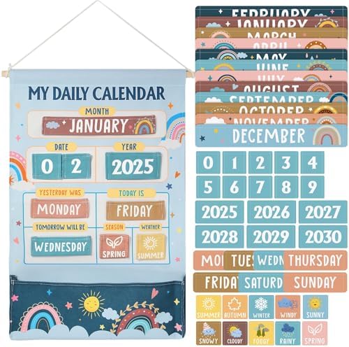 Blosssound 48 Pcs Learning Calendar Wall Chart My Daily Calendar for Kids Retro Hippie Boho Interactive Pocket Chart with Cards for Toddlers & Kids Circle Time Board for Classroom Preschool Learning by Blosssound