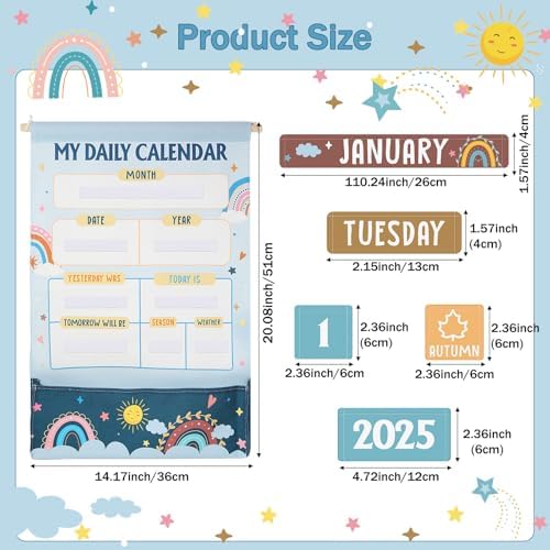 Blosssound 48 Pcs Learning Calendar Wall Chart My Daily Calendar for Kids Retro Hippie Boho Interactive Pocket Chart with Cards for Toddlers & Kids Circle Time Board for Classroom Preschool Learning - Image 3