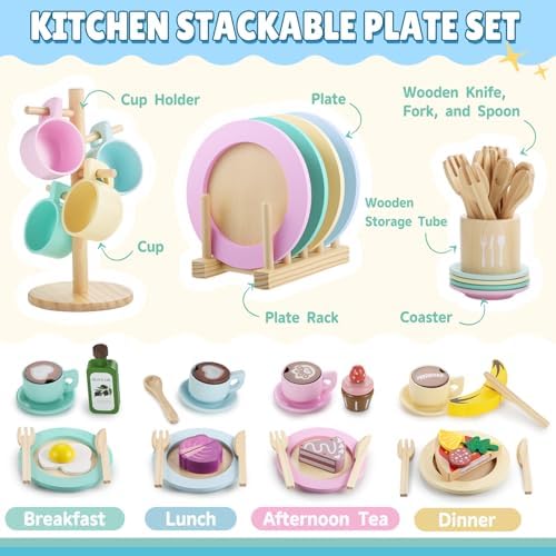 GAGAKU Kids Wooden Play Dishes Set -27Pcs Montessori Play Kitchen Accessories Plates and Bowls Set, Storage Stand & Play Food, Pretend Cooking Toys for Ages 3-5, Educational Gift for Toddler - Image 2