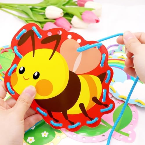 Springtime Lacing Cards for Kids 12 Packs Sewing Kits Rainbow Flower Butterfly Cardboard Sewing Cards Lacing Games for Developing Imagination School Learning Activity Supplies Spring Decorations - Image 4