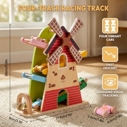 Wooden Car Ramp Toy with Windmill - Montessori Toys for 18+ Months, 4 Level Sliding Track with 4 Mini Cars & Bell, Toddler Educational Toys for Boys Girls, Ideal Birthday/Easter/New Year Gift - Image 3