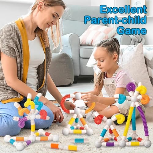 ROUSKY Magnetic Building Blocks Construction Set, 66 Pieces, Educational STEM Toy with Flexible Tubes and Connectors (66PCS) - Image 6