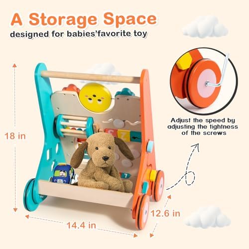 LOL-FUN Push Walker for Baby 12 Months Wooden Toy with Wheels-Orange/Blue - Image 2