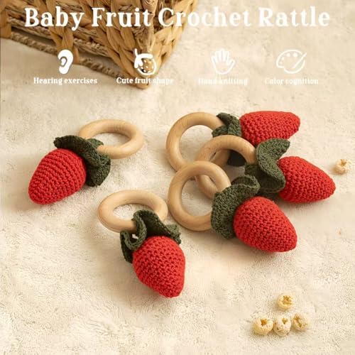 Wooden Baby Rattle Toys Stuffed Crochet Rattle with Teether Ring for Newborn Babies Fruit Wooden Teether Toy Infant Toddler Handcrafted Crochet Rattles Cute Shower Gifts for Boy and Girls - Image 3