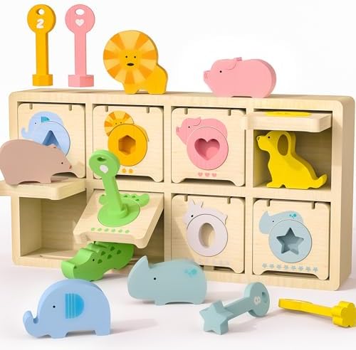 Montessori Toys for 2 Year Old|Wood Lock and Key Toy Fine Motor Skills Color Sorting Shapes Games for Toddlers 1-3|Preschool Learning Activities Birthday Gifts for 2 Year Old Girls and Boy by Teekdeer