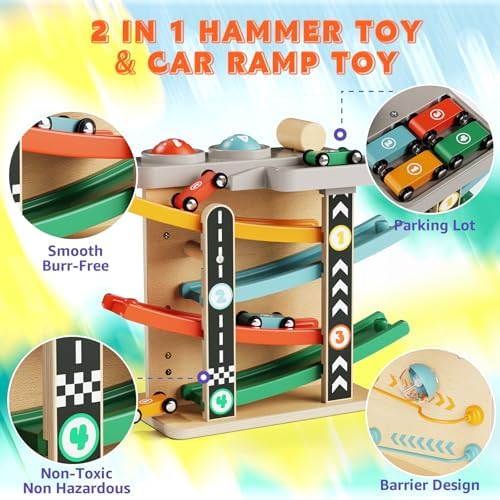 Montessori Toys for 1 Year Old, 2-in-1 Ball Drop Toy & Wooden Car Ramp Toy with Hammer and 4 Cars, First Birthday Gifts for 1 2 Year Old Boy Girl - Image 4
