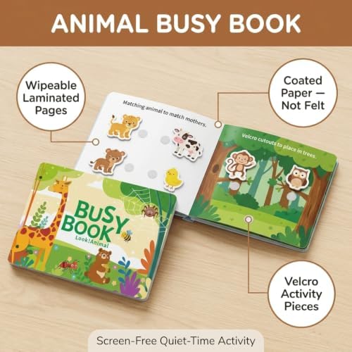 Montessori Busy Book (Animal Theme) – Preschool Learning Activities for Ages 3+, Fine Motor Skills, Travel Activity Kit, Interactive Velcro Learning Toy - Image 2