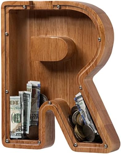 ladenk Large Wooden Kids Letter Piggy Bank - Piggy Bank for Boys Girls - Alphabet Money Bank with Initial R - Coin Bank for Birthday by Ladenk