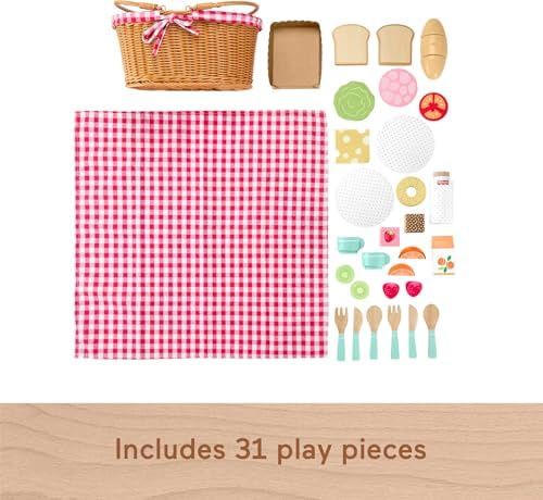 Fisher-Price Wood Pretend Play Toy Picnic Basket, 31-Piece Wooden Food Playset for Preschool Kids Ages 3+ Years - Image 5