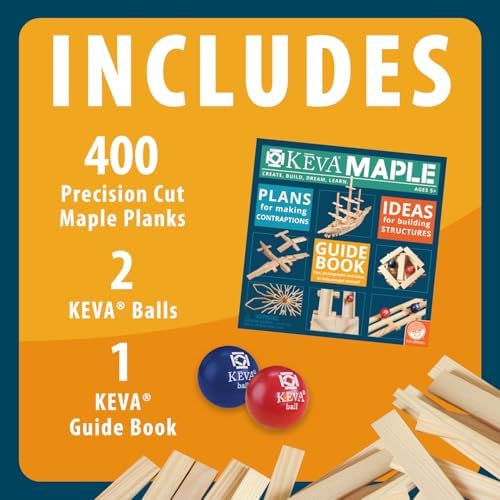 MindWare KEVA 400 Maple Wood Building Planks Set - Building Toy Includes 400 Wooden Blocks, 2 KEVA Balls, and Idea Book - Ages 5+ - Image 2