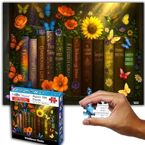Think2Master Enchanted Library 500 Pieces Very Large Pieces Jigsaw Puzzle: 13+ Adults & Seniors. Magical Bookshelf with Butterflies & Flowers Botanical Garden. Great Gift. Size: 26.8” X 18.9” by Think2Master