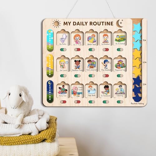 My Daily Routine Chart for Kids 11x13 Inch – Wooden Chore Chart with Visual Cards, Morning Afternoon Evening Schedule Board, Sliding Tracker & Star Reward System for Toddlers & Preschool Learning - Image 5
