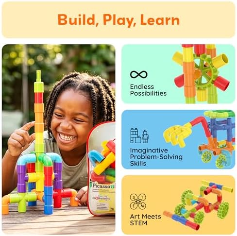 PicassoTiles 76PC STEM Pipe Building Interlocking Tube Construction Toy with Wheels and Storage Backpack Creative Educational Brain Development Learning Blocks for Kids Ages 3+ Boys and Girls PTT138 - Image 4