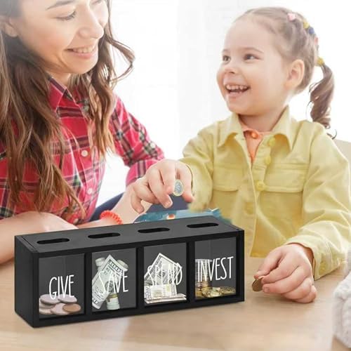 Save Spend Give Bank for Kids, Wooden Piggy Bank with 4 Compartments, Transparent Wall-Mount Savings Box with Magnetic Lid, Black - Image 6