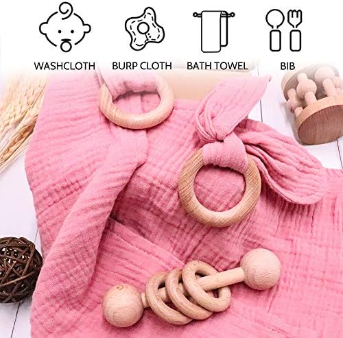Baby Lovey, Wood Rattle, 3 Pack Montessori Gift, Coral Pink, Cotton, Double Gauze, Baby Girl Shower Gift - Image 2