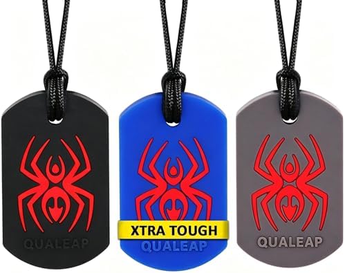 Xtra Tough (XT) Spider Sensory Chew Necklace for Kids (3 Pack) - Chewing Teething Necklace Teether Necklace Chew Toys - Designed for Chewing, Autism Sensory Teether Toy (Toughest - Aggressive Chewer) by QUALEAP
