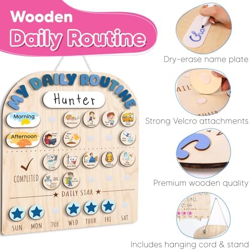 Wooden Chore Chart for Kids, Wooden Daily Routine Chart for Kids, Visual Schedule for Kids, Chore Reward Chart, Bedtime Morning Routine Chart for Toddlers - Image 6