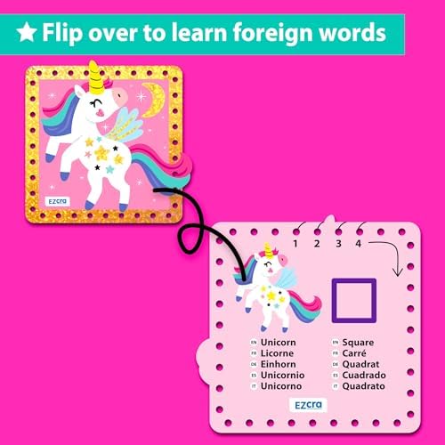 EZCRA Premium Lacing Cards for Kids Ages 3-6 | 10 Double-Sided Unicorn and Fairy Sewing Cards with Multilingual Learning | Durable Cardboard Fine Motor Skills Educational Activity - Image 5