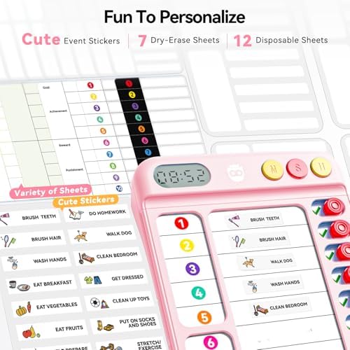 Chore Chart for Kids with Visual Timer, ADHD Tools Visual Schedule Planning Board with Slider, 20 Personalizable Cards and Magnetic Marker, Morning/Bedtime/Daily Routine Chart Checklist - Pink - Image 4