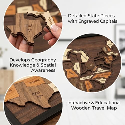 Wooden USA Travel Map Puzzle, Educational Geography Learning Tool, Interactive United States Map, Durable WoodenPuzzle Frame, Home Learning Activity, Detailed State Pieces with Capital Cities - Image 4