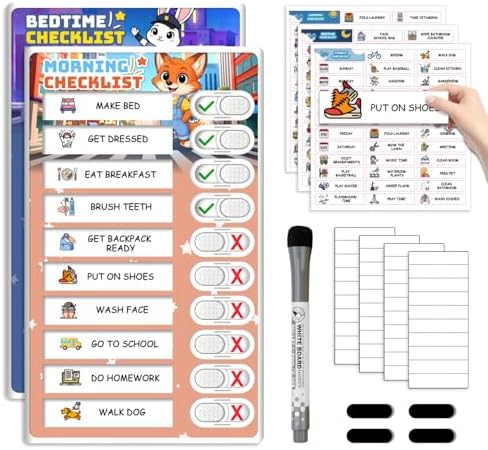2 in 1 Upgraded Slider Bedtime/Morning Routine Chart for Kids Toddlers, Dry Erase Chore Chart for 2 Kids, Magnetic Visual Schedule for Kid by BOXVERIA