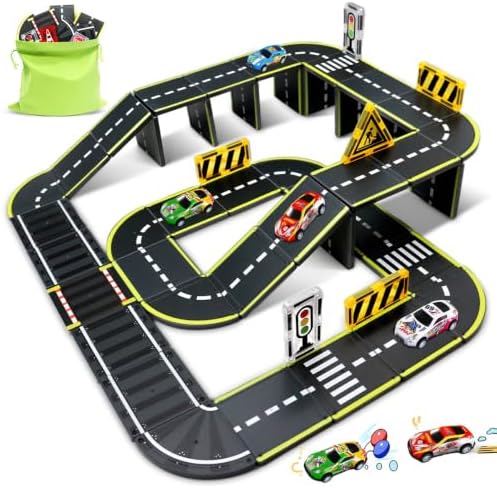 Magnetic Tiles Road Set, 45Pcs Large Double Sided Magnetic Blocks with Pullback Cars & Traffic Signs, STEM Toys for Kids Ages 4-8, Creative Gifts for 3+ Years Old Boys Girls by KOCOJRFF