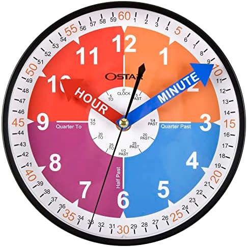 OSTAR Telling Time Teaching Wall Clock, Hanging Stand Dual Purpose，Battery Operated Analog Silent Learning Clock for Kids Room Decor by TrulySilentClocks