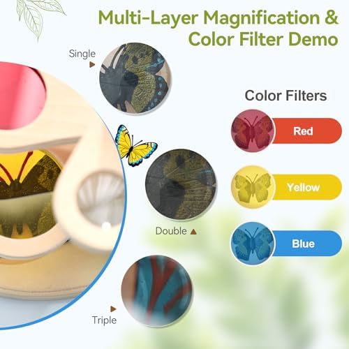Insect Observation Kit for Kids, Multi-Magnification Rotating Viewer with Color Filters, Wooden STEM Nature Exploration Science Toy with Tweezers, Petri Dish and 6 Insect Models, Gift for Ages 4-8 - Image 3