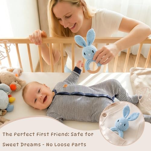 Moyii Natural Wooden Baby Rattle - Organic Crochet Bunny Teether Ring - Montessori Sensory Grasping Toy for Infants 0-12 Months, BPA-Free Handmade Newborn Shower Gift - Image 5