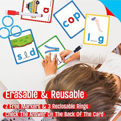 CVC Word Writing Cards, 120 Double Sided Handwriting Cards Short Vowel Spelling Flashcards CVC Sight Words Early Educational Tool for Kids 3 4 5 Years Old (Plus 2 Markers & 3 Reclosable Plastic Rings) - Image 5