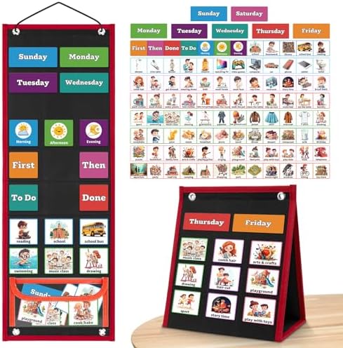 PITCOTT Visual Schedule for Kids Chore Chart，2 in 1 Daily Schedule Board Routine Pocket Chart Cards for Toddlers,Autism Learning Materials Tool Wall Planner for Home School with 103 Cards （Black） by PITCOTT