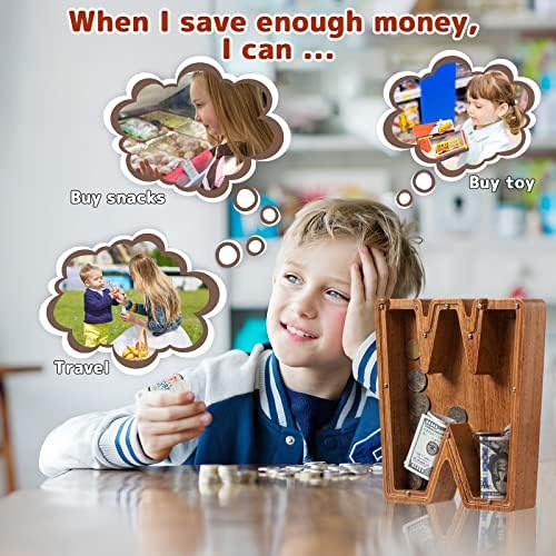 Personalized Large Wooden Kids Letter Piggy Bank - (Laser Engraved) Custom Piggy Bank for Boys Girls - Wooden Banks with Initials - Alphabet Money Box Bank Birthday Letter W Bank - Image 5