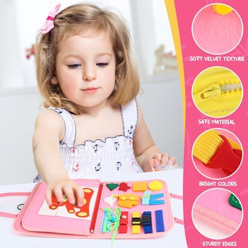 Children Busy Board, Montessori Sensory Toys for Boys, 3-8 Year Old Girl Kids Travel Toys, Educational Learning Activities Board for Motor Skills, Birthday Gifts for Airplane Car, Pink - Image 5