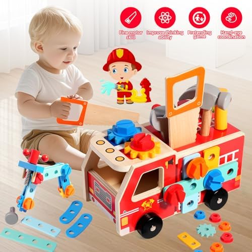 GAIETYDIY Toddler Kids Tool Set - Wooden Tools with Firetruck Shaped Box - Image 2