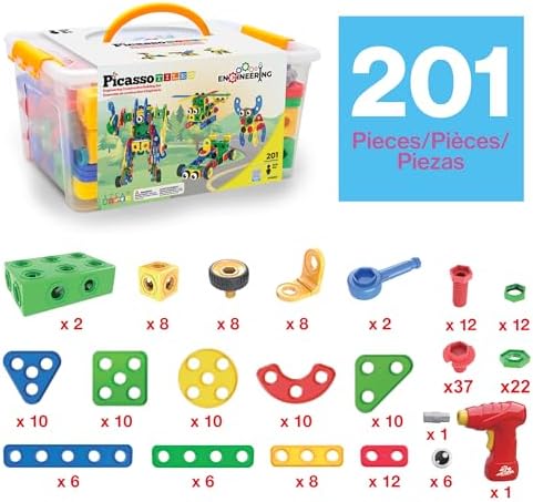 PicassoTiles 201pc STEM Learning Block Construction Kit with Power Drill and Clickable Ratchet Educational Engineering Toy Set Kids Age 3 Plus Preschool Activity Creative Play with Idea Book PTN201 - Image 3