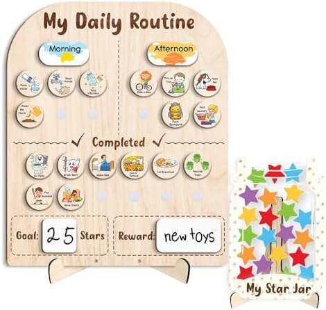 Wooden Daily Routine for Kids, 30 Tokens Star Reward Jar for Toddlers, Chore Chart for Kids with Star Jar, Behavior Reward Jar for Toddlers Boys Girls by LilaLand