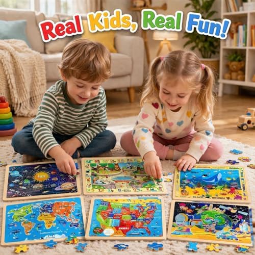 Wooden Puzzles for Toddlers 3-5,6 in 1 Jigsaw Wooden Solar System Puzzles for Ages 4-6,Preschool Educational Brain Toys Birthday Gifts for Boys and Girls 2 4 3 5 Year Old（World Map） - Image 5
