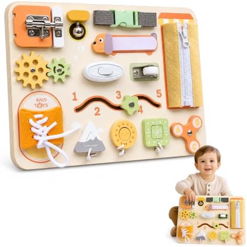 Montessori Busy Board for Toddlers, Wooden Sensory Toys, Preschool Learning Activities for Fine Motor Skills Travel Toy, Basic Life Skills Educational Gifts for 1 2 3 Years Old Kids Boys Girls (Green) by KALOTOYS