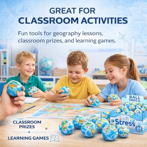 24 Pack - Globe Mini Soft Foam Earth Squeeze Balls, 2.5" Squeezable World Toy Stress Relief Bulk Educational Novelties for Kids, School, Classroom, Party Favors, Rewards - Image 5