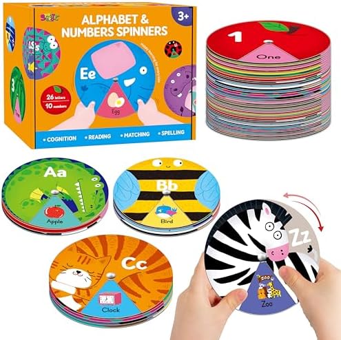Alphabet Learning Toy, ABC Letters, Numbers, Animals Sight Words, Spinning Game 36 PCS Montessori Educational Round Cards for Toddlers, Kids 3-5 by SpriteGru